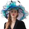 Women's Derby Church Hat Bridal Tea Party Wedding Party Sun Hat with Detachable hat Flower as Fascinators Blue view 3
