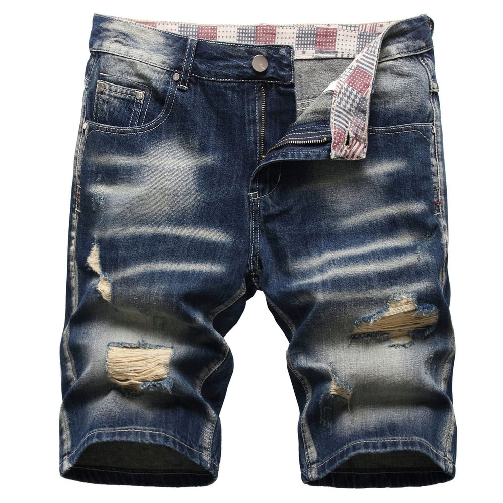 Maiyifu-GJ Men's Retro Classic Streetwear Denim Shorts Straight Ripped Jean Shorts Hip-Hop Casual Short Pant With Pockets (Blue,30)