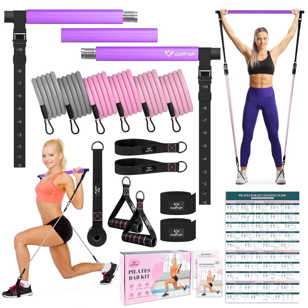 Pilates Bar Kit with Resistance Bands, Multifunctional Yoga Pilates Bar with Heavy-Duty Metal Adjustment Buckle, Portable Home Gym Pilates Resistance Bar Kit for Women Full Body Workouts -Purple
