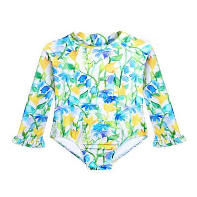 Alakuoti Long Sleeve One Piece Ruffle Swimsuit for Toddler Girls Baby Girl Rashguard Shirt with UPF 50+ Sun Protection (as1, Age, 5_Years, 6_Years, Yellow Flower)