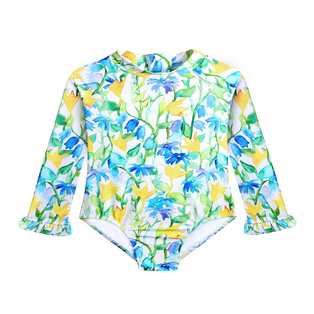 Alakuoti Long Sleeve One Piece Ruffle Swimsuit for Toddler Girls Baby Girl Rashguard Shirt with UPF 50+ Sun Protection (as1, Age, 5_Years, 6_Years, Yellow Flower)