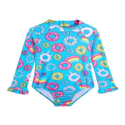 Alakuoti Long Sleeve One Piece Ruffle Swimsuit for Toddler Girls Baby Girl Rashguard Shirt with UPF 50+ Sun Protection (as1, Age, 2_Years, 3_Years, Donuts)