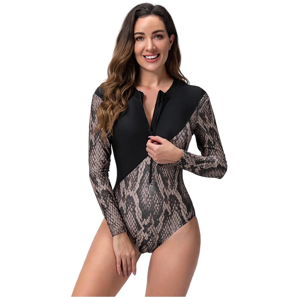 Rash Guard for Women Long Sleeve UV Sun Protection Rash Guard Shirts One Piece Swimsuit Zipper Surfing Bathing Suit UPF 50 Leaves Floral Print Rashguard Wetsuit Swimming Tops Black Snakeskin XXL