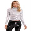 Alvivi Womens Mock Neck Long Sleeve T-Shirts Tops Disco Club Party Shiny Metallic Glitter Tank Tops Silver Medium view 4