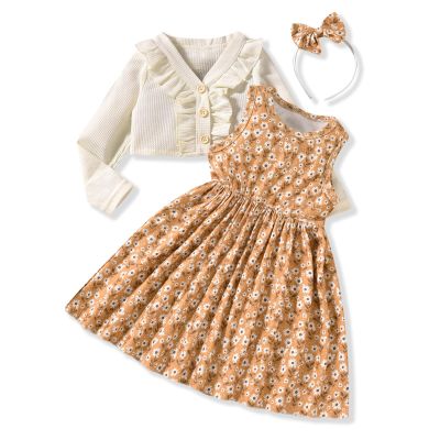 HINTINA 18 Month Infant Toddler Baby Girls Dress With Cardigan Floral Flower Print Sleeveless Dress and Long Sleeve Waffle Cardigan Set Fall Winter Outfits 18-24 Months