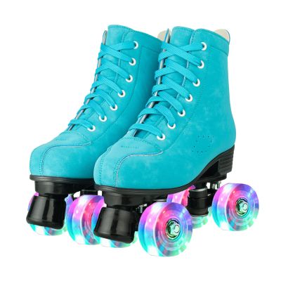 Hurber Women Roller Skates High-Top Double-Row PU Leather Outdooer Roller Skates for Girls (Blue Flashing Wheel,37 - US:7)