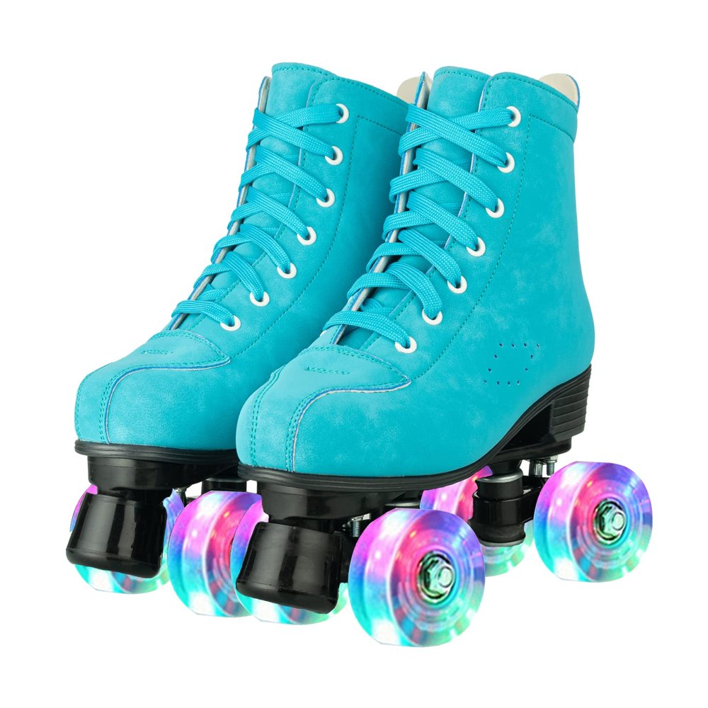 Hurber Women Roller Skates High-Top Double-Row PU Leather Outdooer Roller Skates for Girls (Blue Flashing Wheel,37 - US:7)