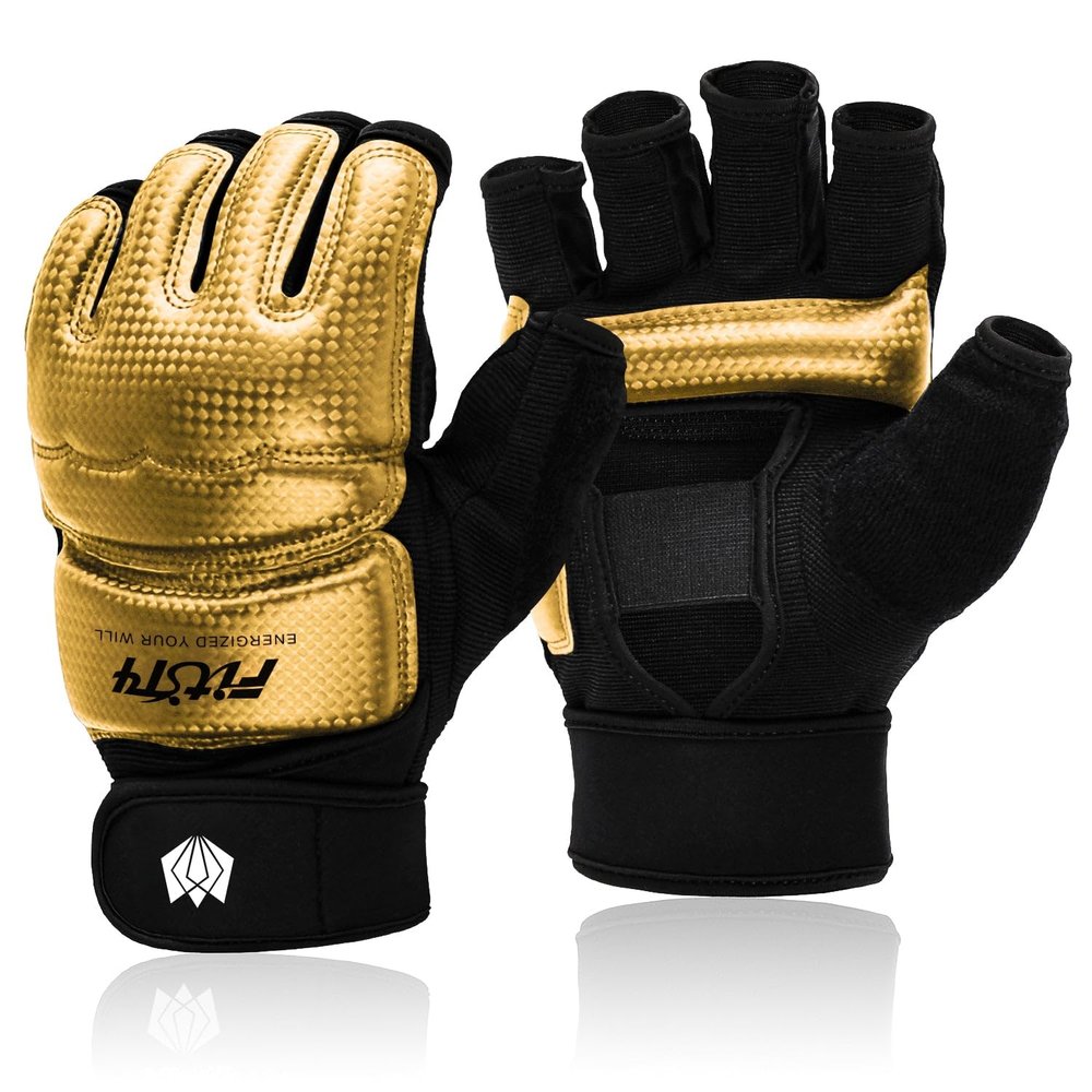 FitsT4 Sports Half Mitts MMA UFC Training Boxing Punch Bag Kickboxing Sparring Grappling Martial Arts Muay Thai Taekwondo Wrist Wraps Support Gloves for Women Men Kids Gold L