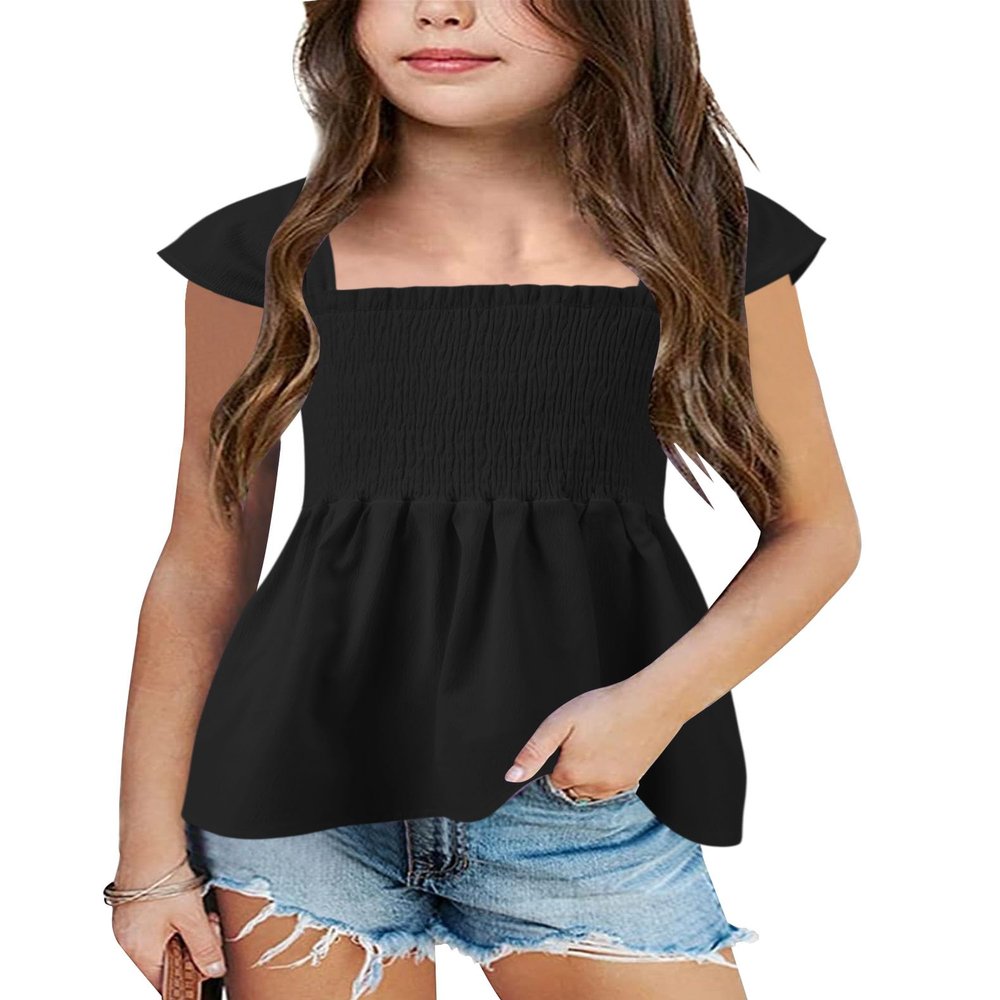 Bingerlily Girls Summer Casual Tops Square Neck T Shirts Cute Smocked Top Tees Black