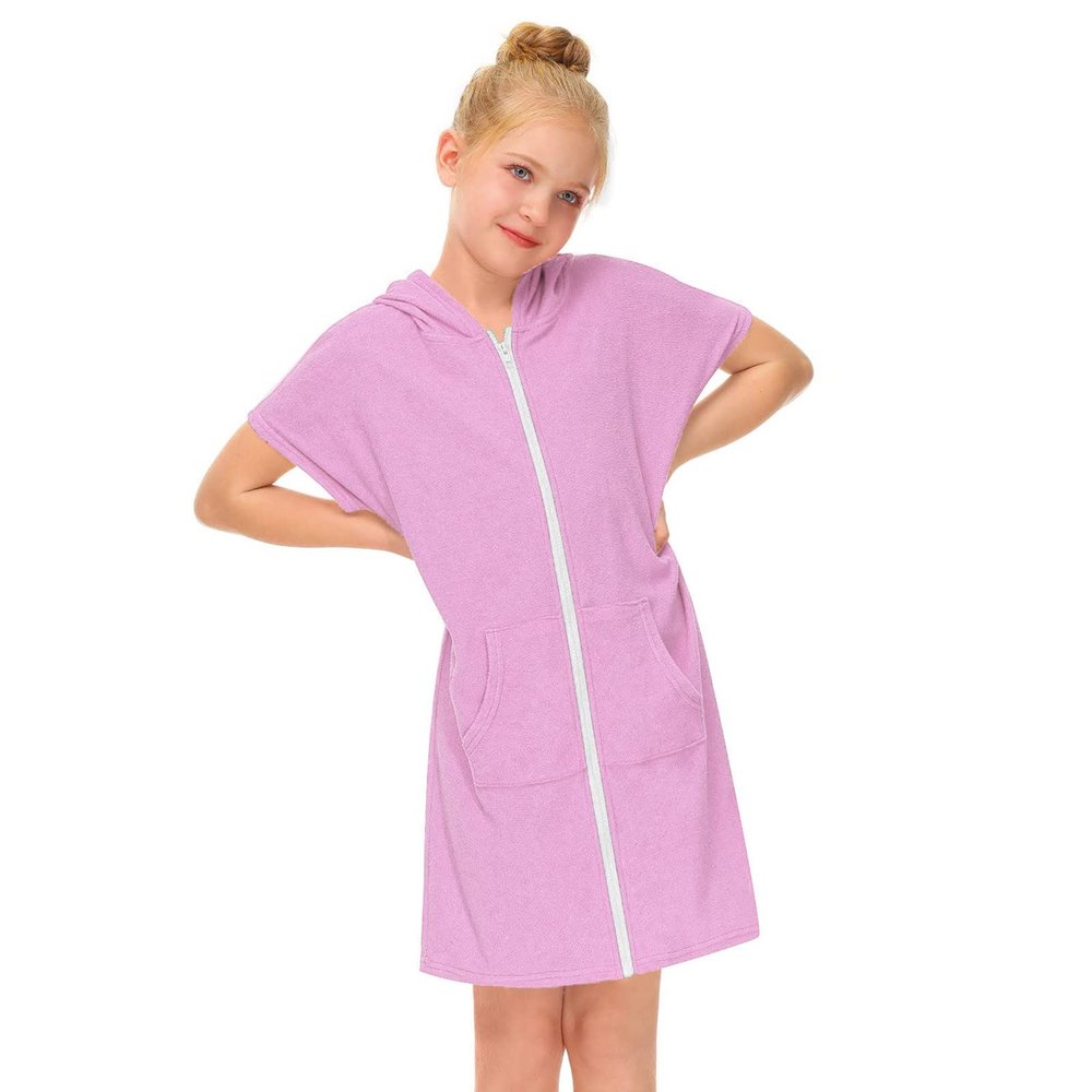 Kids Zip Up Terrys Hooded Cover ups Swim Beach Cover Up Cotton Summer Short Sleeve Bathing Suit for (Pink, 3-4 Years)
