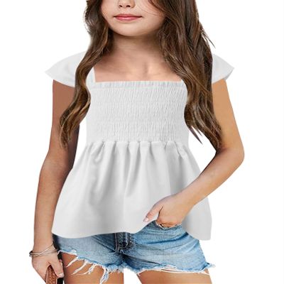 Bingerlily Girls Summer Casual Tops Square Neck T Shirts Cute Smocked Top Tees White