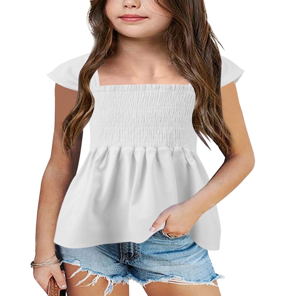 Bingerlily Girls Summer Casual Tops Square Neck T Shirts Cute Smocked Top Tees White