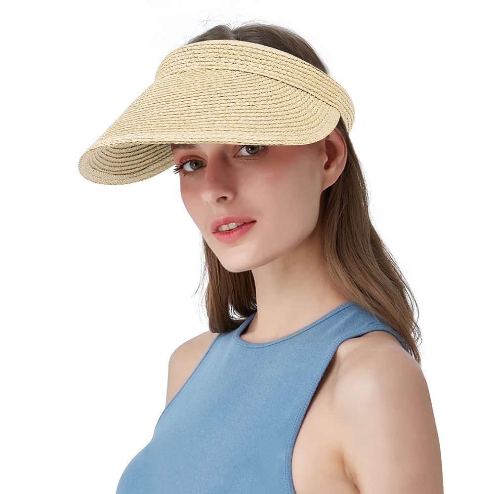 Croogo Women Summer Sun Hat Lady's Portable Beach Visor Straw Hat Ponytail Beach Hats for Travel Beach Shopping,Beige-KD10