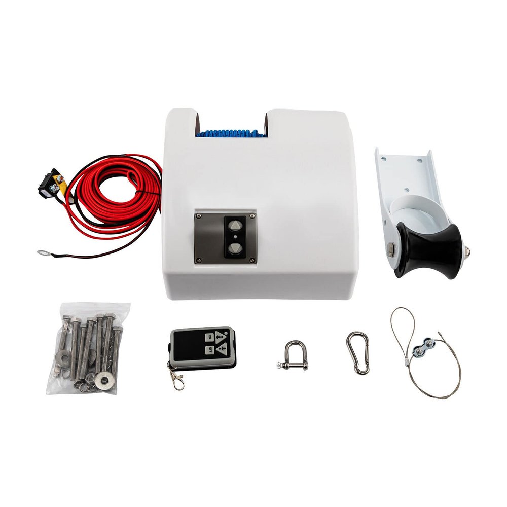 DOONARCES 25LBS 12V Saltwater Boat Electric Anchor Winch, Outdoor White Marine Electric Windlass Saltwater Boat Anchor Winch with Wireless Remote for Pontoon Fishing Boat, White (25LBS)