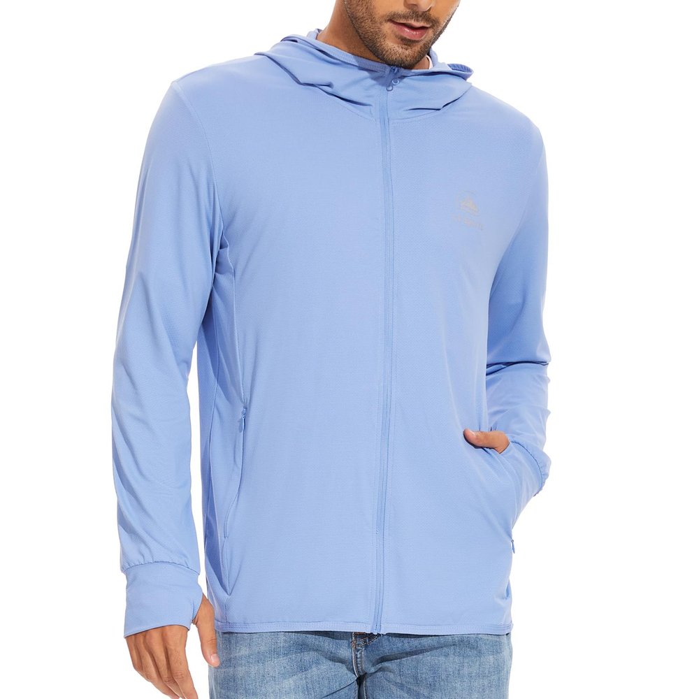 Men's Quick Dry Light Running Jacket Zip Up Sun Protection Hoodie Long Sleeve UV Fishing Shirts Zip Pockets Blue L