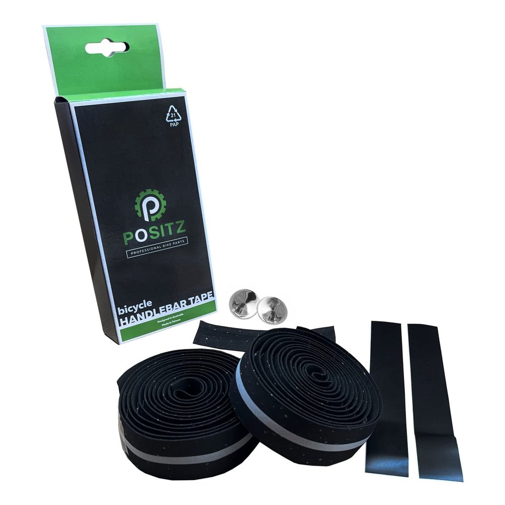 Positz Reflective Road Bike Handlebar Tape Black Cork with 5mm Silver Reflex Strip