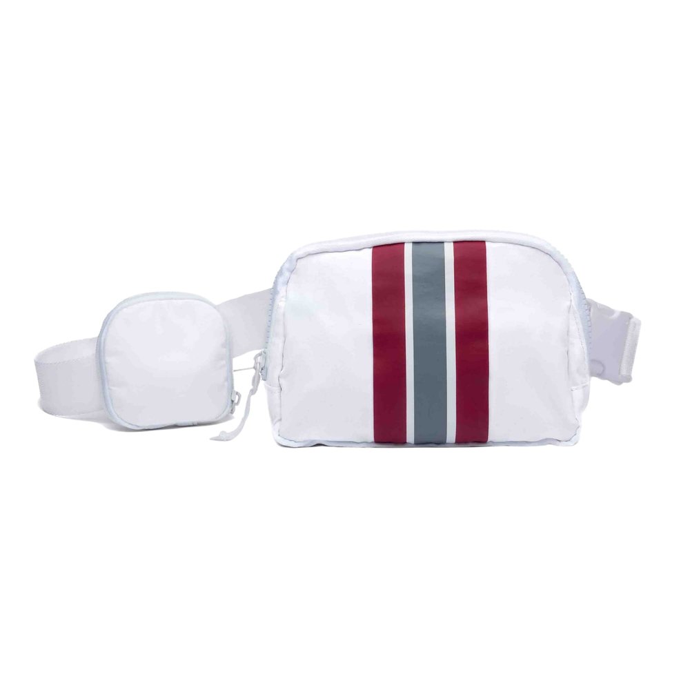 WanderFull Original Crossbody HydroBeltbag | Fanny Pack with Removable Water Bottle Holder | Adjustable Waist Bag for Carrying Your Purse, Phone, Accessories w/Tumbler Holder (Crimson/Grey Stripe)