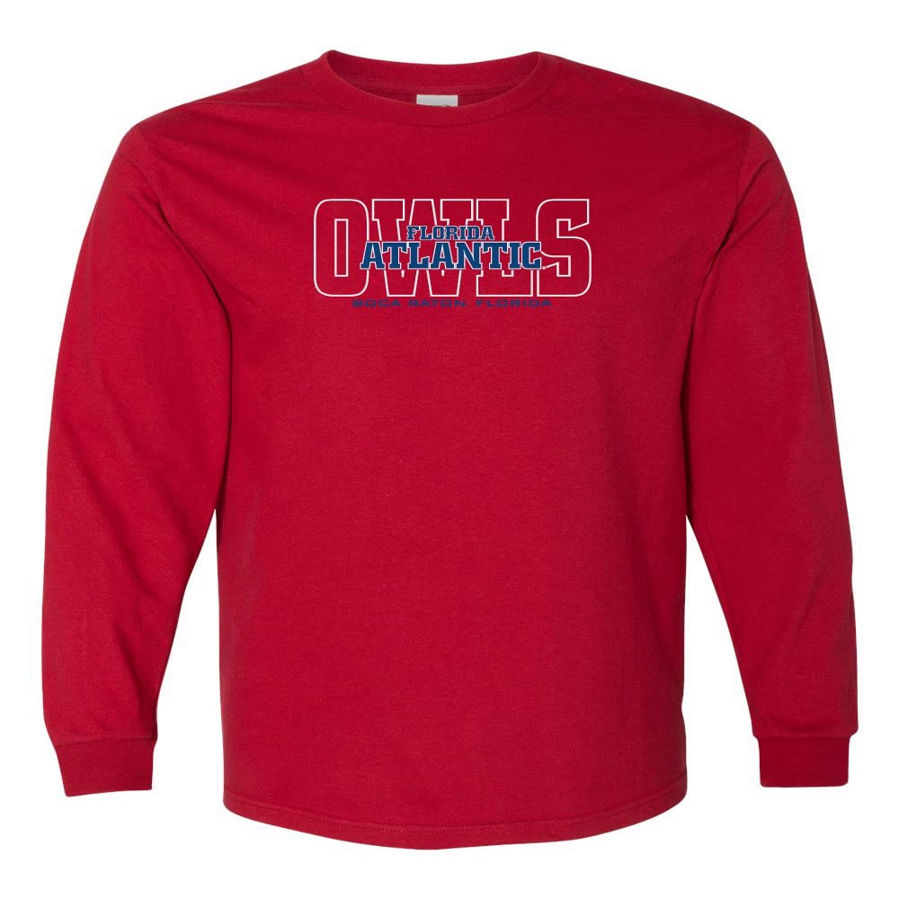CornBorn Florida Atlantic Mens Tshirt - Long Sleeve FAU Owls Background - Red - XL