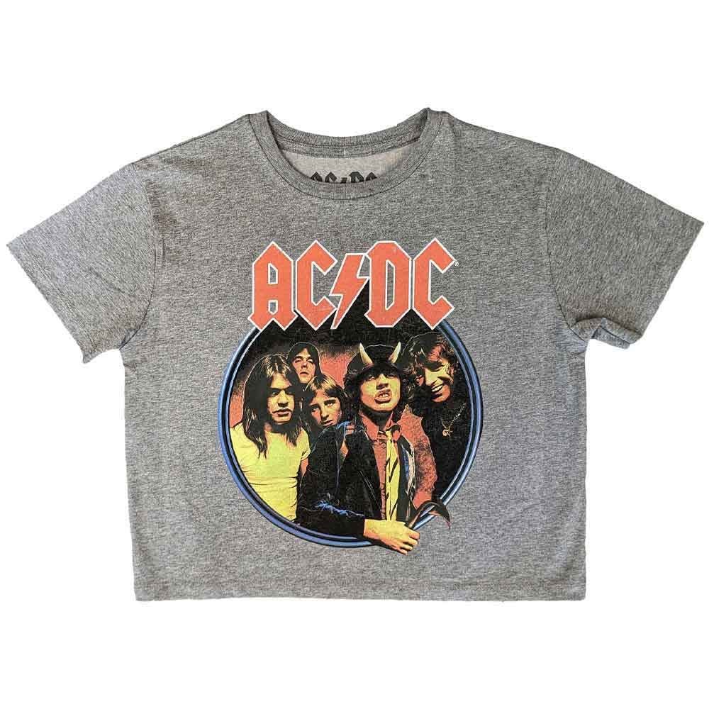 Ac/Dc Crop Top T Shirt Highway to Hell Circle Band Logo Official Womens Grey Size S