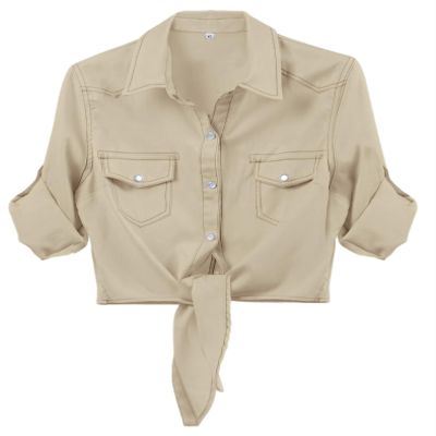 Omoone Women's 3/4 Sleeve Modern Denim Crop Top Tie Knot Shirt Cardigan(0774-Apricot-L)