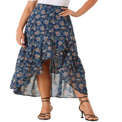 Allegra K Floral Ruffle Skirt for Women's Wrap Tiered Asymmetrical Chiffon Skirts X-Small Dark Blue