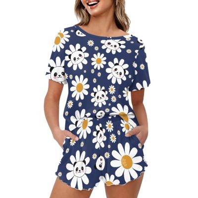 CLOHOMIN Cute Panda and Daisy Print Pajama Sets for Women White Flower Floral Lightweight Short Sleeve Sleepwear 2-Piece Summer Loungewear T-shirt Outfits with Matching Shorts Elegant Loose Pj