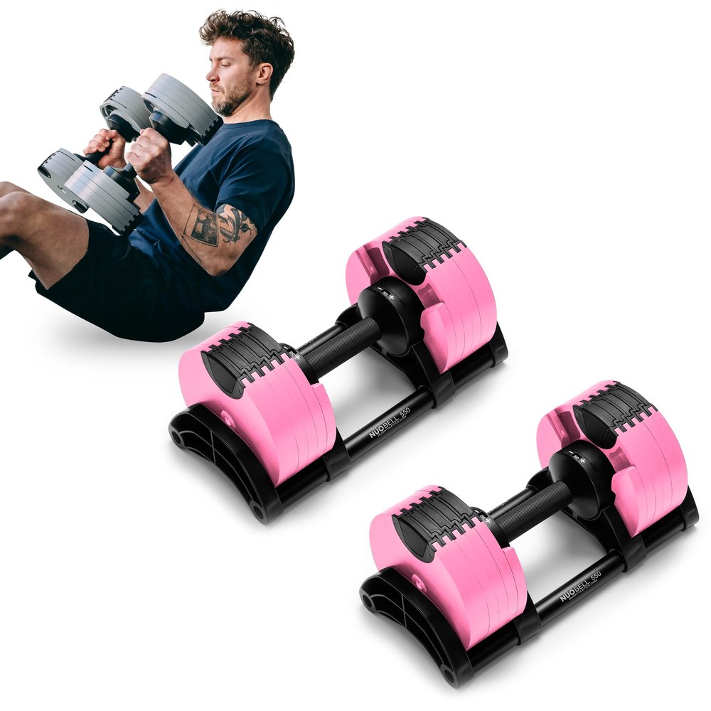 Adjustable Dumbbells Set [Bells of Steel] Nuobell Dumbbell Adjustable Weight Set, Machined Steel Weight Plates, Knurled Handle, 5-50 lb, Sold in Pairs, Pink