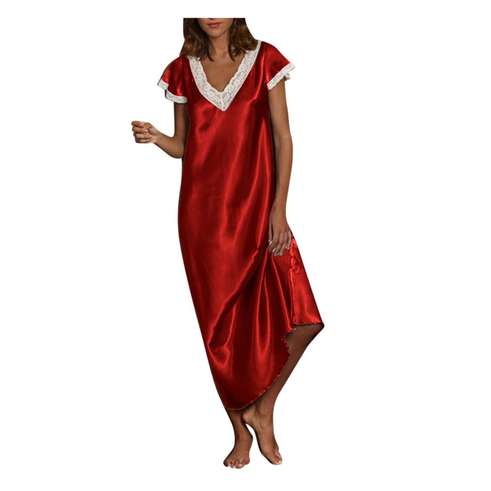 Womens Satin Silk Midi Dresses Short Sleeve Lace V Neck Pajamas Long Dress Nightgowns Sleepwear Summer Nightgown Red