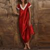 Womens Satin Silk Midi Dresses Short Sleeve Lace V Neck Pajamas Long Dress Nightgowns Sleepwear Summer Nightgown Red view 2
