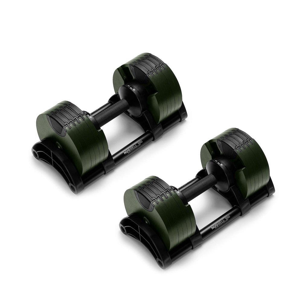 Adjustable Dumbbells Set [Bells of Steel] Nuobell Dumbbell Adjustable Weight Set, Machined Steel Weight Plates, Knurled Handle, 5-50 lb, Sold in Pairs, Green