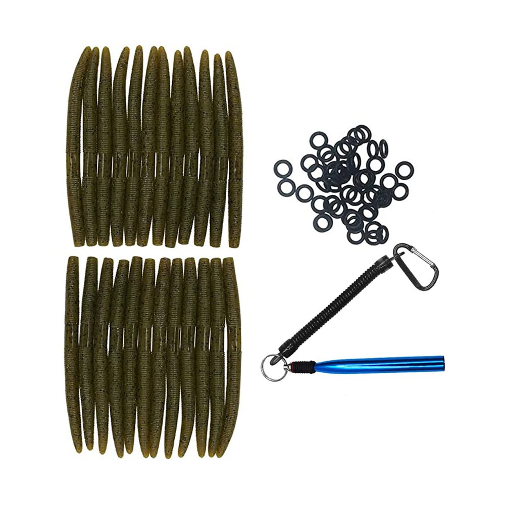 Nawaish Senko Bait Soft Plastic Lures 5" Senkos 24 Pcs for Wacky Rig Freshwater Fishing Green Pumpkin senko with Black Flake (New Green Pumpkin Senko+50 Black Orings+Wacky Rig(Blue))