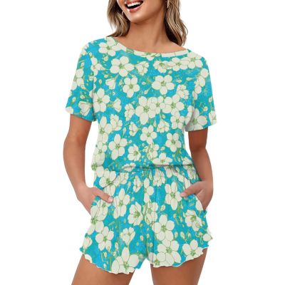 CLOHOMIN Vintage Hibiscus Flowers Womens Pajama Set Floral Crewneck Loungewear Fashionable Sleepwear Top with Matching Ruffle Hem Shorts 2 Piece Casual Plus Size Pjs Lounge