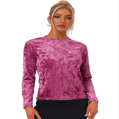 Allegra K Casual Velvet Top for Women's Soft Vintage Crew Neck Long Sleeve Christmas T-Shirt Small Fushcia