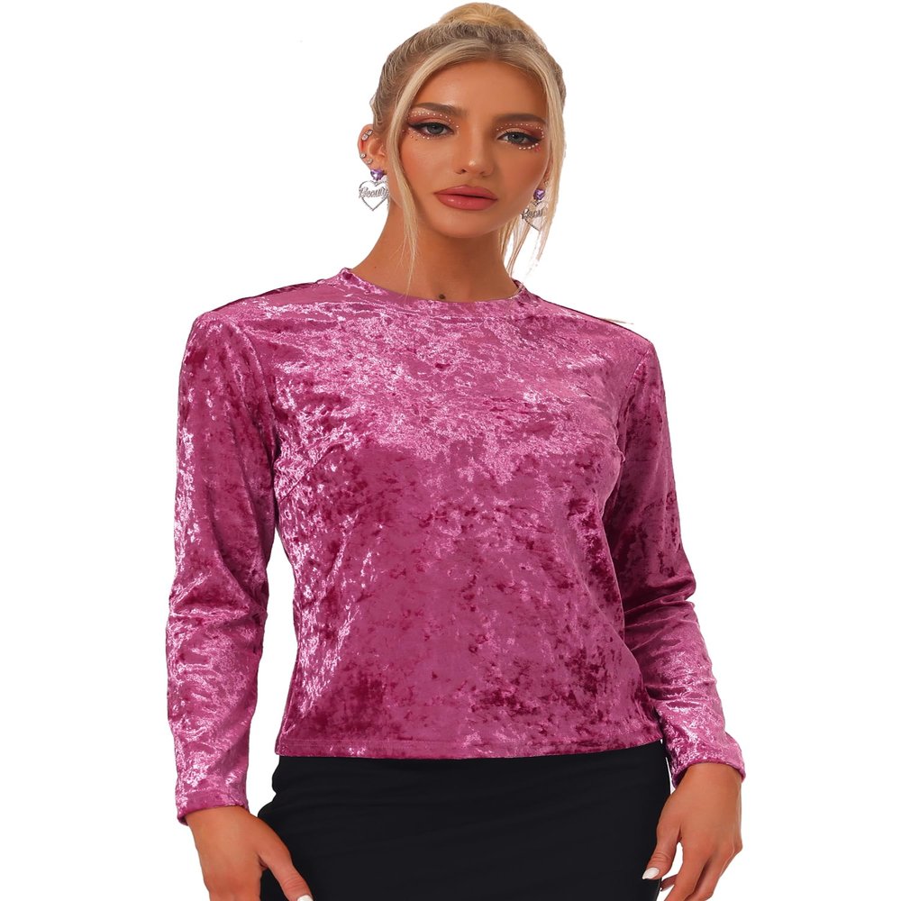 Allegra K Casual Velvet Top for Women's Soft Vintage Crew Neck Long Sleeve Christmas T-Shirt Small Fushcia