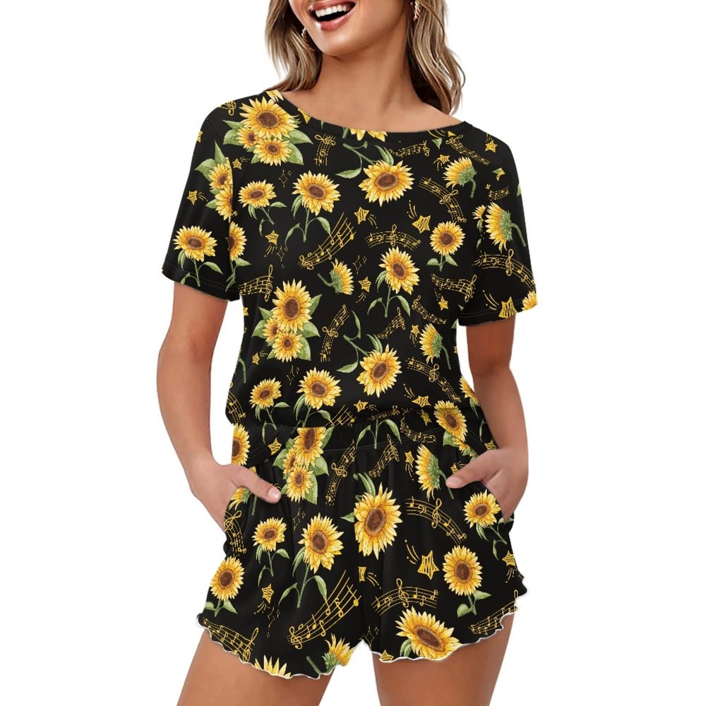 CLOHOMIN Musical Notes Sunflower Print Women Pajama Set Music and Yellow Flower Short Sleeve Sleepwear Classic Matching Sets Tops and Bottoms Pants Loungewear Two Piece Elegant Loose Pj