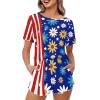 CLOHOMIN Hippie Flower Daisy Print Women Pajama Set American Flag Stripe Crewneck Sleepwear 2-Piece Casual Short Sleeve Loungewear Fashionable Tops and Ruffle Hem Pants PJ Set Lingerie view 1