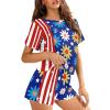 CLOHOMIN Hippie Flower Daisy Print Women Pajama Set American Flag Stripe Crewneck Sleepwear 2-Piece Casual Short Sleeve Loungewear Fashionable Tops and Ruffle Hem Pants PJ Set Lingerie view 4