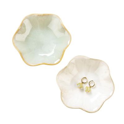 2PCS Lotus Leaf Shape Ring Holder Dish, Small Key Bowl, Ceramic Trinket Tray Jewelry Dish Organizing Necklace Earrings for Mom Friend Sister, All Jewelries Are NOT Included.White+Light Green.