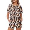 CLOHOMIN Brown Cow Print Women Pajama Set Cowhide Animal Faux Fur 2pc Fashionable Sleepwear Top with Matching Ruffle Hem Shorts Lightweight Plus Size Loungewear Cozy Short Sleeve PJ Set view 1