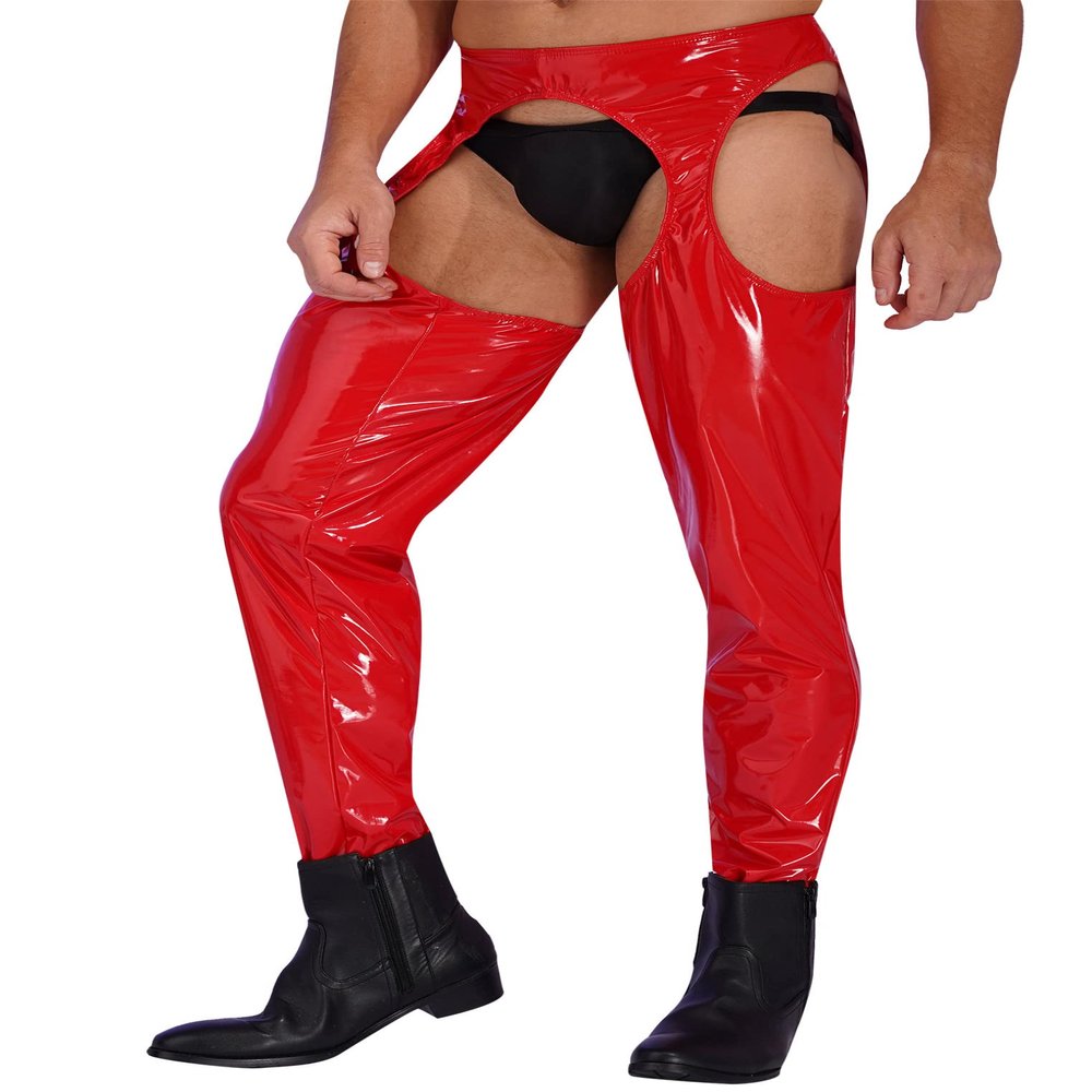 ACSUSS Mens Wet Look Leather Pants Tight Trousers Cutout Skinny Long Legging Pants Clubwear Red 3X-Large