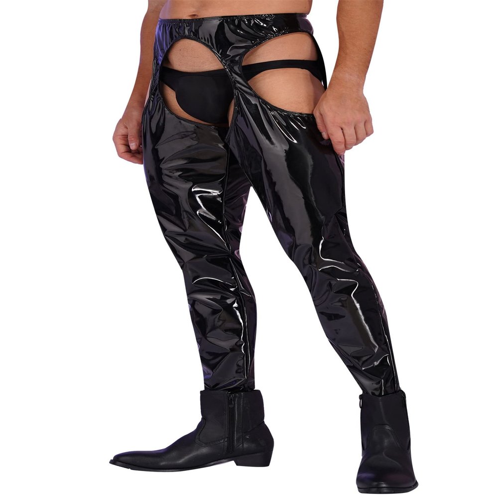 ACSUSS Mens Wet Look Leather Pants Tight Trousers Cutout Skinny Long Legging Pants Clubwear Black Large