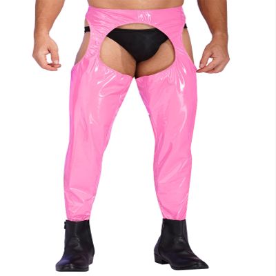 winying Men's Faux Leather Biker Casual Trousers Cutout Crotchless Long Pants Cowboy Costume Pink 4X-Large