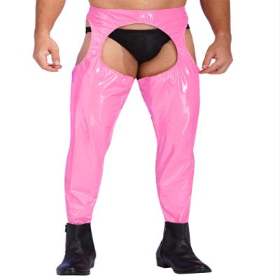 ACSUSS Mens Wet Look Leather Pants Tight Trousers Cutout Skinny Long Legging Pants Clubwear Pink 3X-Large