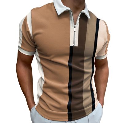 Men's Classic Short Sleeve Polo Shirt Zip Up Big&Tall Casual Summer Slim Fit T-Shirts Striped Graphic Printed Beach Tees Tops