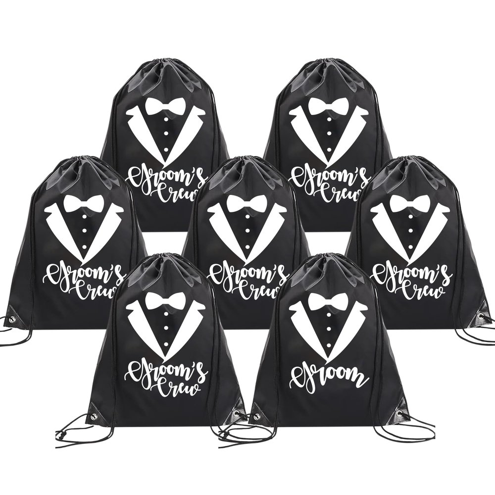 BachpartyGifts Groomsmen Proposal Gifts Bachelor Party Favors Decorations For Men 7 Pack Drawstring Backpack Bags.(Groom's crew)