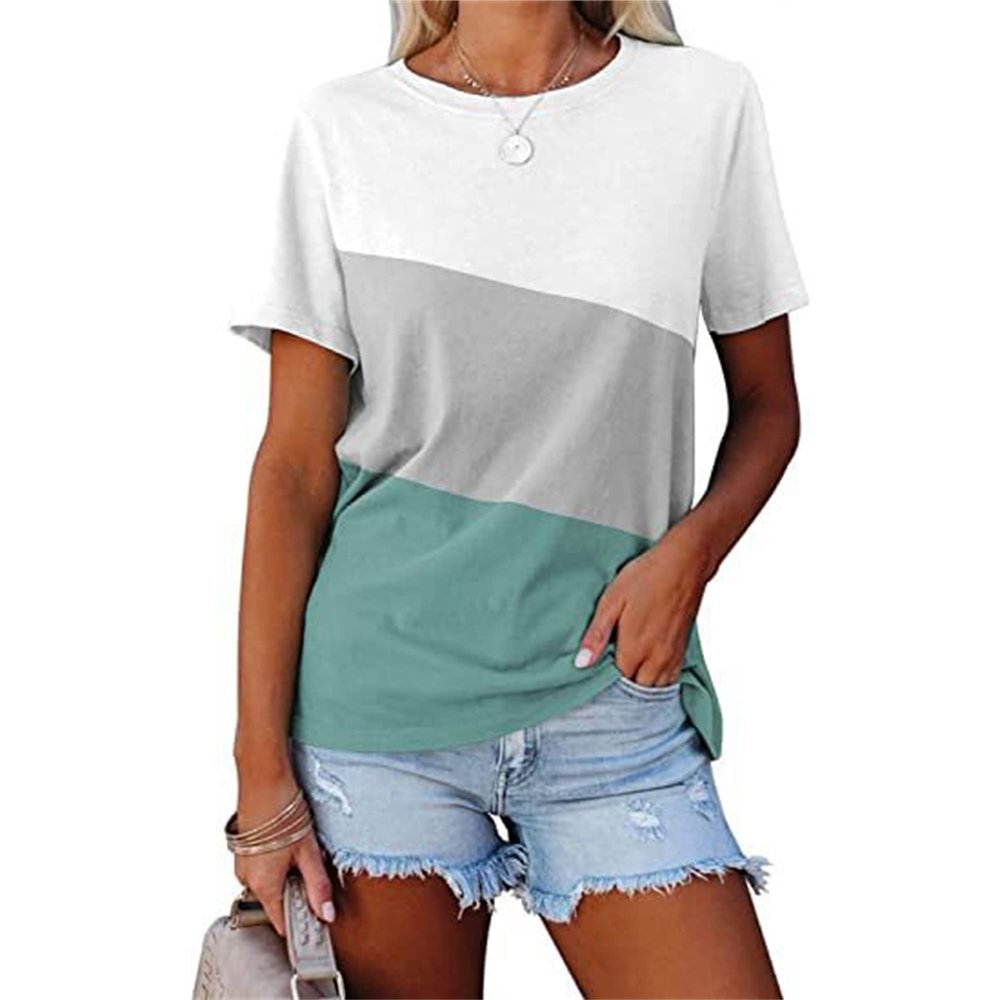 Women's Color Block Short Sleeve T Shirts Casual Crew Neck Blouses Tops Basic Summer Loose Fit Tees (Small,Green)