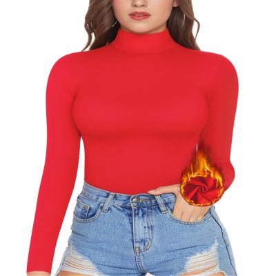 MANGOPOP Women's Mock Turtle Neck Fleece Lined Long Sleeve Thermal Underwear T Shirt Tops Tee Red