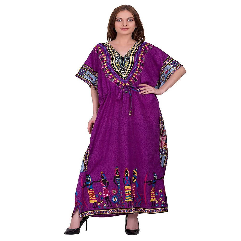 African print Women Kaftan Dress Tunic Long Maxi Plus Size Polyester Print Caftan Gown Beach Party Casual Kimono Nightdress (Purple)