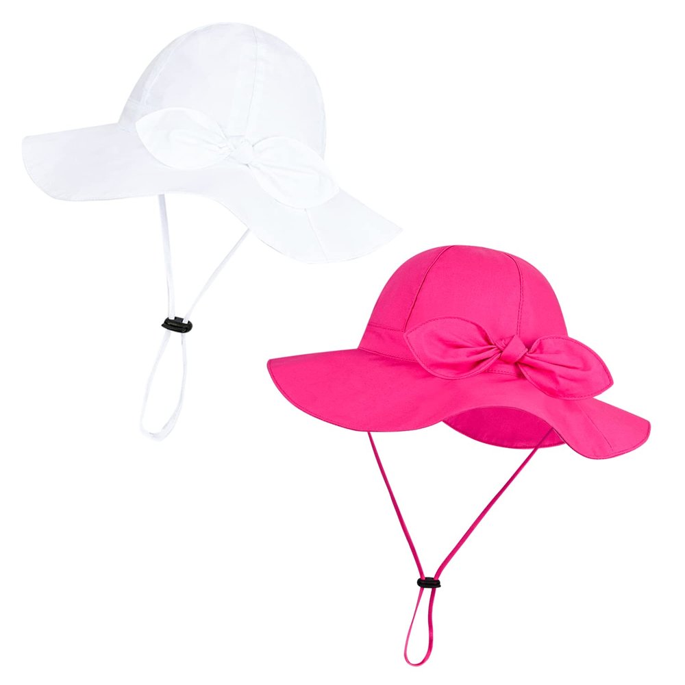 Baby Girl Sun Hat with UPF 50+ Outdoor Adjustable Beach Hat with Wide Brim Bucket Hats (6-12 Months,White & Rose-red 2pcs)