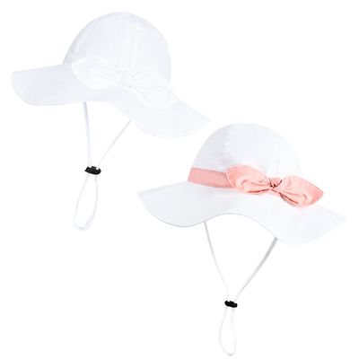 Baby Girl Sun Hat with UPF 50+ Outdoor Adjustable Beach Hat with Wide Brim Bucket Hats (6-12 Months,White & White-Pink 2pcs)